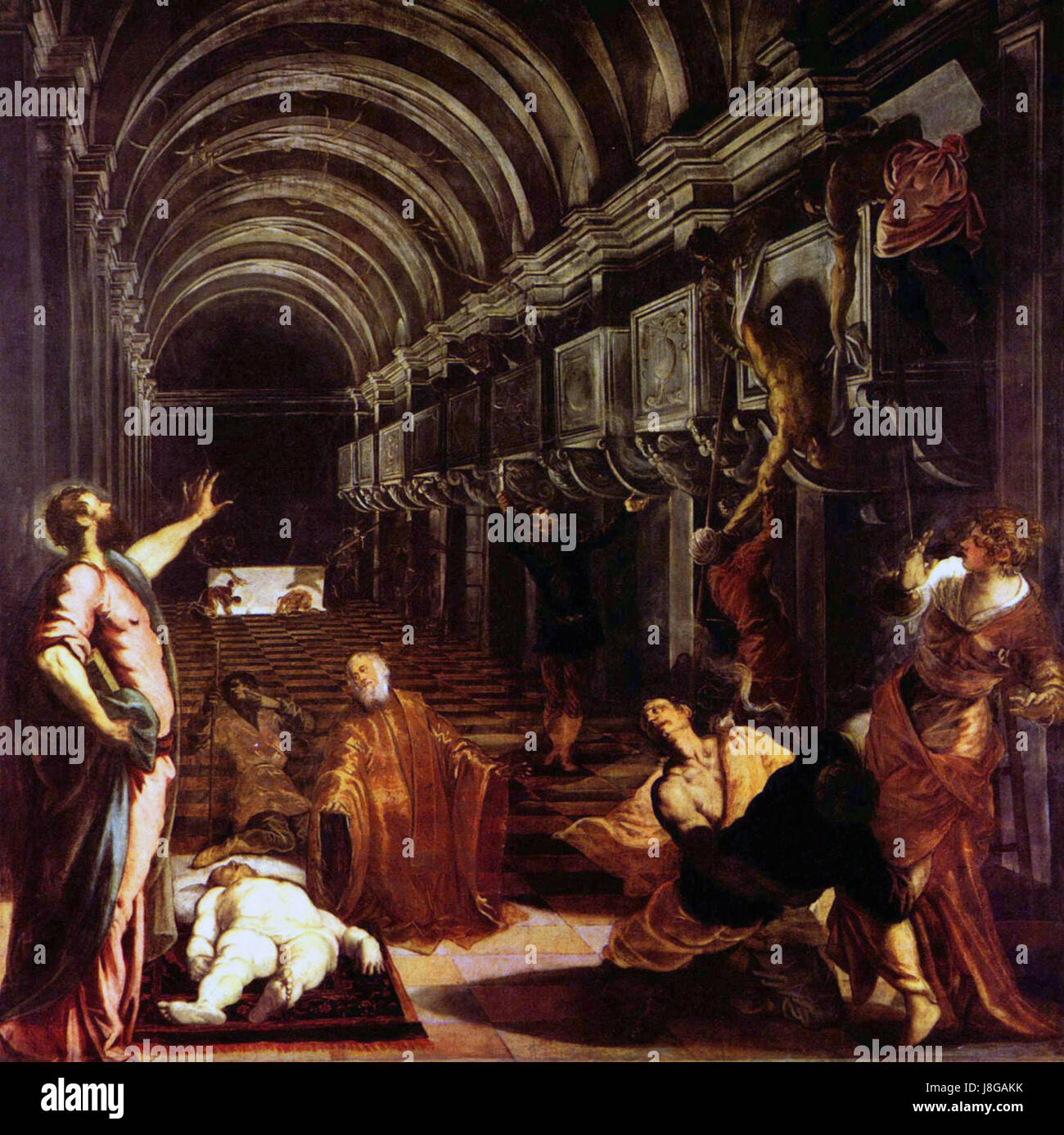 Jacopo Tintorettos „Entdeckung des Leichnams des Heiligen Markus“ ist ein bemerkenswertes Gemälde, das den Moment darstellt, in dem der Leichnam des heiligen Markus in Alexandria entdeckt wurde. Das Werk, Teil der venezianischen Renaissance, spiegelt Tintorettos Beherrschung der dramatischen Beleuchtung und emotionalen Tiefe wider. Stockfoto