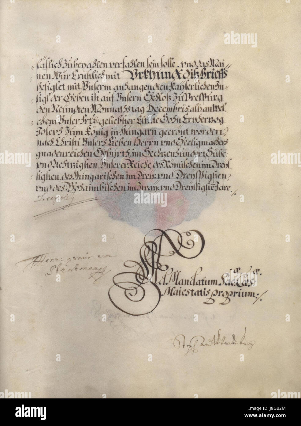 Leopold I. war von 1658 bis 1705 Kaiser des Heiligen Römischen Reiches. Seine Herrschaft markierte bedeutende militärische und politische Entwicklungen in Europa, insbesondere in den Habsburgergebieten. Er erweiterte den Einfluss des Reiches durch Kriege und Allianzen. Leopold I. vermählt unter anderem die Förderung der Künste und Wissenschaften, die Durchführung von Reformen und die Bewältigung der Komplexität der europäischen Politik während seiner Herrschaft. Stockfoto