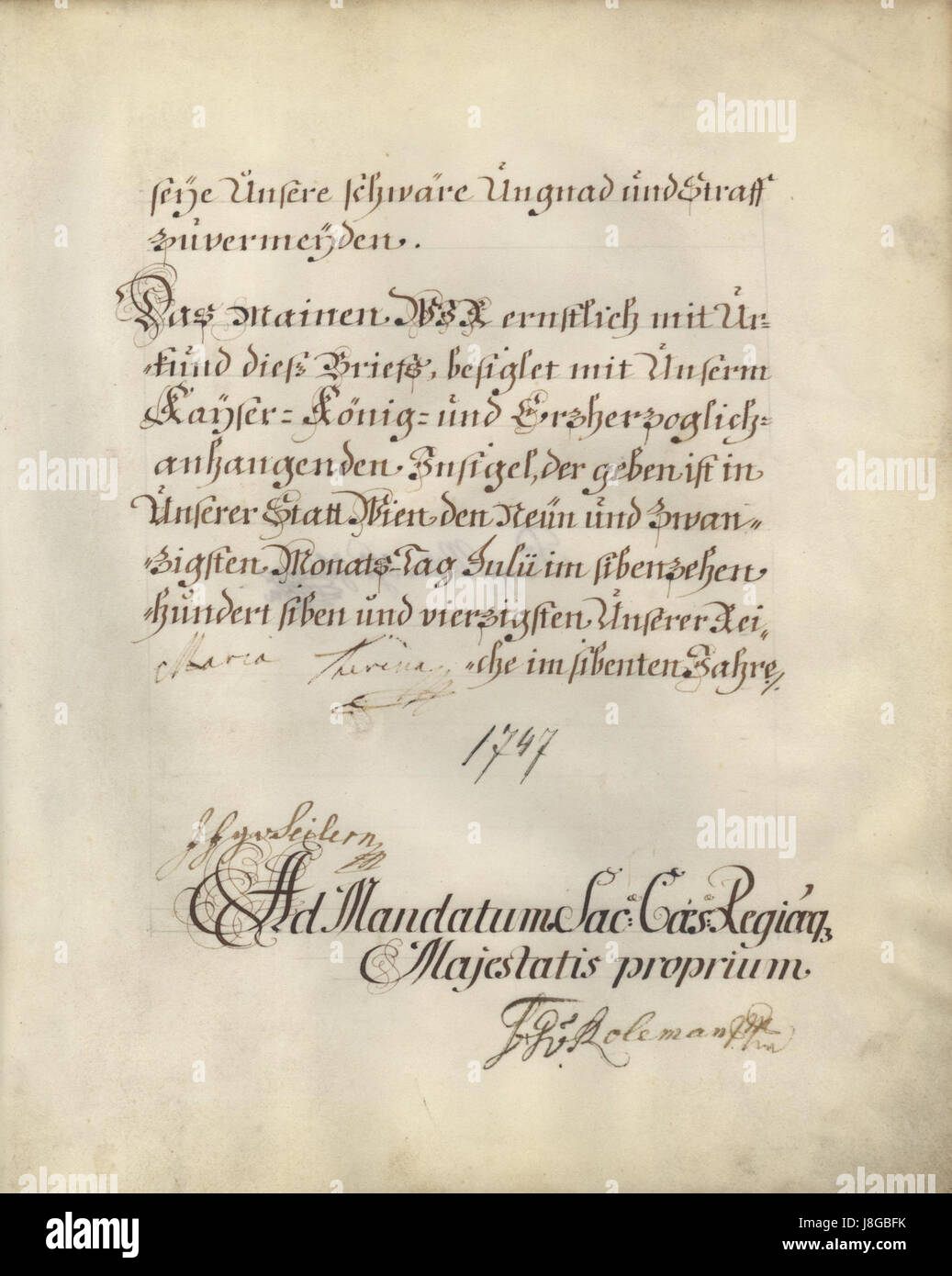 Eine Bezugnahme auf Maria Theresia von Österreich, die sich auf die Jahre 1747 und ihre Herrschaft konzentriert und ihre Bedeutung als Herrscherin in der europäischen Geschichte unterstreicht. Stockfoto