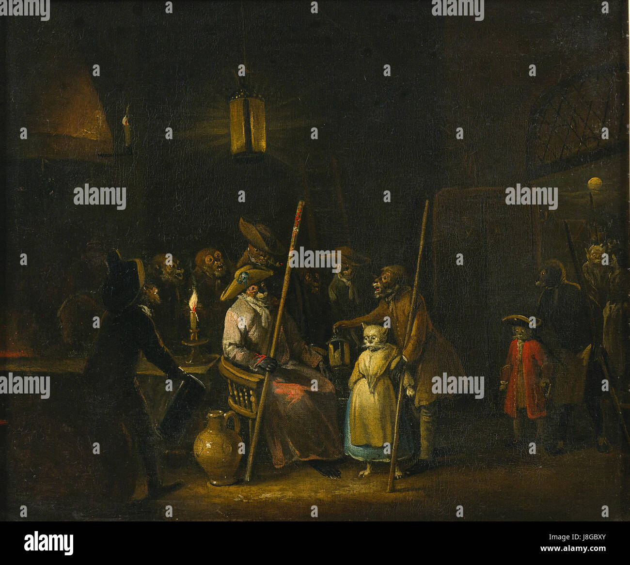 Dieses Kunstwerk von Jan Baptist Lambrechts zeigt eine humorvolle oder allegorische Szene, in der Affen gezeigt werden, die eine Katze beurteilen, wahrscheinlich einen moralischen oder sozialen Kommentar darstellen. Das Gemälde reflektiert den Fokus der Künstlerin auf Tiere und ihre symbolische Bedeutung in der Gesellschaft. Stockfoto