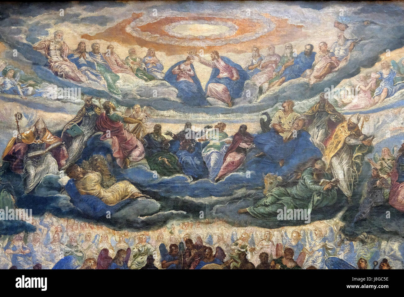 Ein detailliertes Bild des Gemäldes „Le Paradis“ von Tintoretto, das im Louvre-Museum untergebracht ist (Inventarnummer INV570), das spezifische Aspekte des Kunstwerks zeigt. Stockfoto