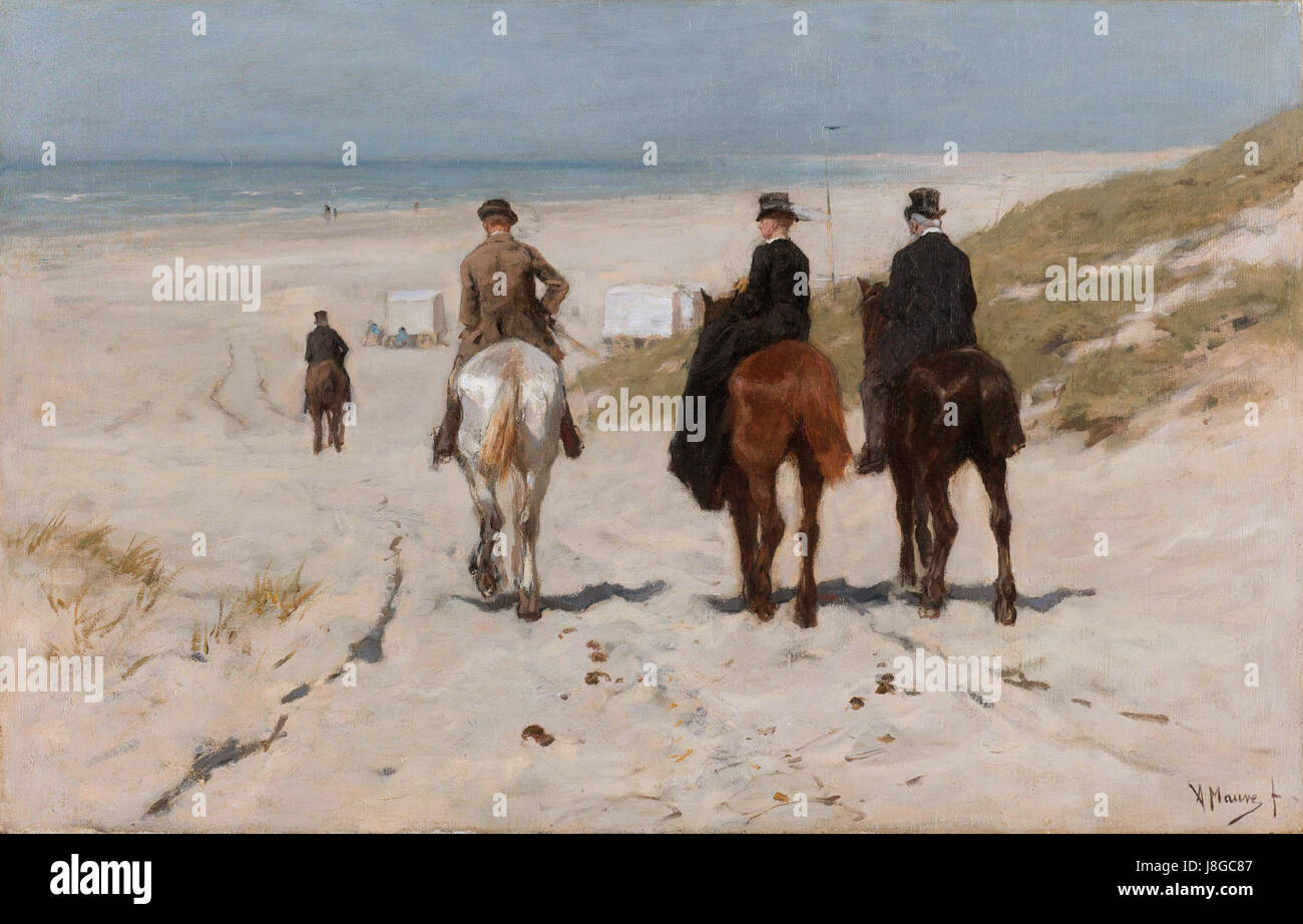 „Morning Ride entlang des Strandes“ von Anton Mauve ist ein Gemälde aus dem 19. Jahrhundert, das eine ruhige Morgenszene am Strand darstellt. Mauveâ Arbeit spiegelt seine Fähigkeit wider, natürliche Landschaften und menschliche Interaktion mit der Natur in den späten 1800er Jahren zu erfassen Stockfoto