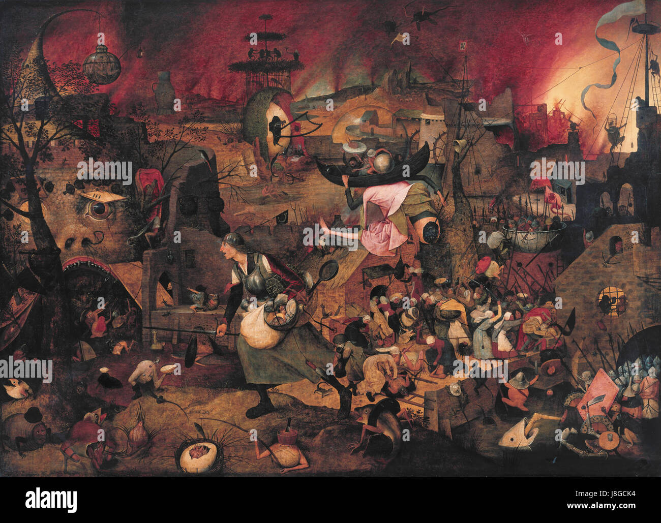 *Dulle Griet* (auch bekannt als *Mad Meg*) ist ein Gemälde des flämischen Künstlers Pieter Bruegel der ältere, das um 1562 entstand. Das Kunstwerk zeigt eine chaotische, surreale Szene einer Frau, Dulle Griet, die eine Armee von Frauen durch eine albtraumhafte Landschaft führt. Es ist ein Kommentar über die menschliche Natur, Gier und die Folgen des Krieges, präsentiert in Bruegels unverwechselbarem Stil, der Realismus mit Symbolismus verbindet. Stockfoto *Dulle Griet* (auch bekannt als *Mad Meg*) ist ein Gemälde des flämischen Künstlers Pieter Bruegel der ältere, das um 1562 entstand. Das Kunstwerk zeigt eine chaotische, surreale Szene einer Frau, Dulle Griet, die eine Armee von Frauen durch eine albtraumhafte Landschaft führt. Es ist ein Kommentar über die menschliche Natur, Gier und die Folgen des Krieges, präsentiert in Bruegels unverwechselbarem Stil, der Realismus mit Symbolismus verbindet. Stockfoto