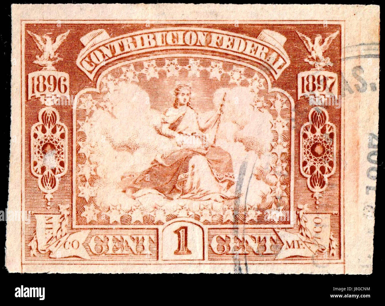 Das Dokument Mexiko 1896-1897 über die Einnahmen des Bundesbeitrags enthält eine Übersicht über die finanziellen Beiträge, die die Bundesregierung in diesem Zeitraum geleistet hat. Sie spiegelt Mexikos Wirtschafts- und Fiskalpolitik wider. Stockfoto