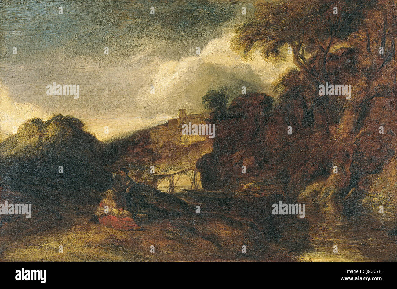 Jan Lievens Gemälde „Landschaft mit dem Rest auf dem Flug nach Ägypten“ zeigt die Heilige Familie, die sich während ihrer Reise nach Ägypten ausruhen. Das Kunstwerk spiegelt Lievens' Meisterschaft in der Landschaftsmalerei und religiösen Themen während des Barocks wider. Stockfoto