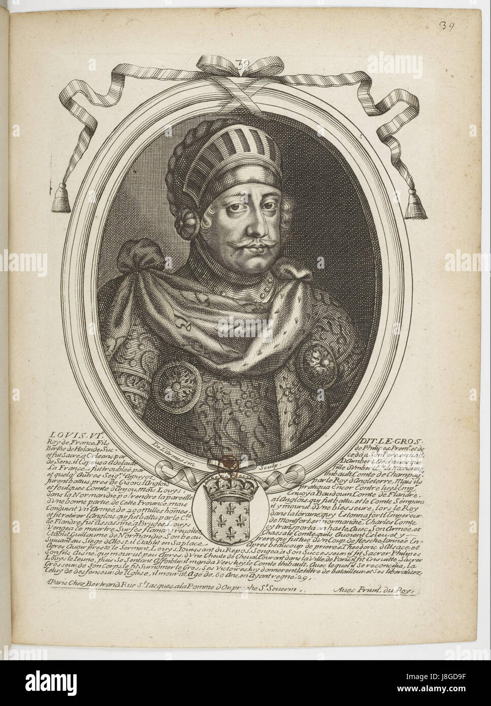 Dieser Druck von Nicolas de Larmessin zeigt Ludwig VI., König von Frankreich. Larmessin war bekannt für seine detaillierten Gravuren, die königliche Figuren aus der französischen Geschichte einfangen. Stockfoto