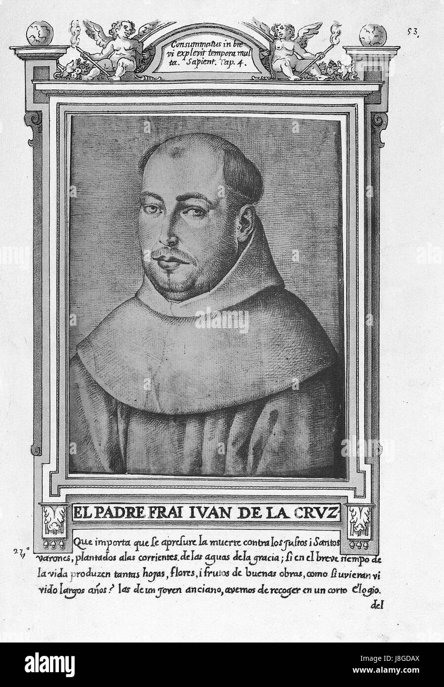 Fray Juan de la Cruz (1599) war ein spanischer Franziskanerbruder, der für seine religiösen Beiträge im frühen 17. Jahrhundert bekannt war. Seine Arbeit innerhalb des Franziskanerordens prägte das religiöse Denken in Spanien während dieser Zeit. Stockfoto