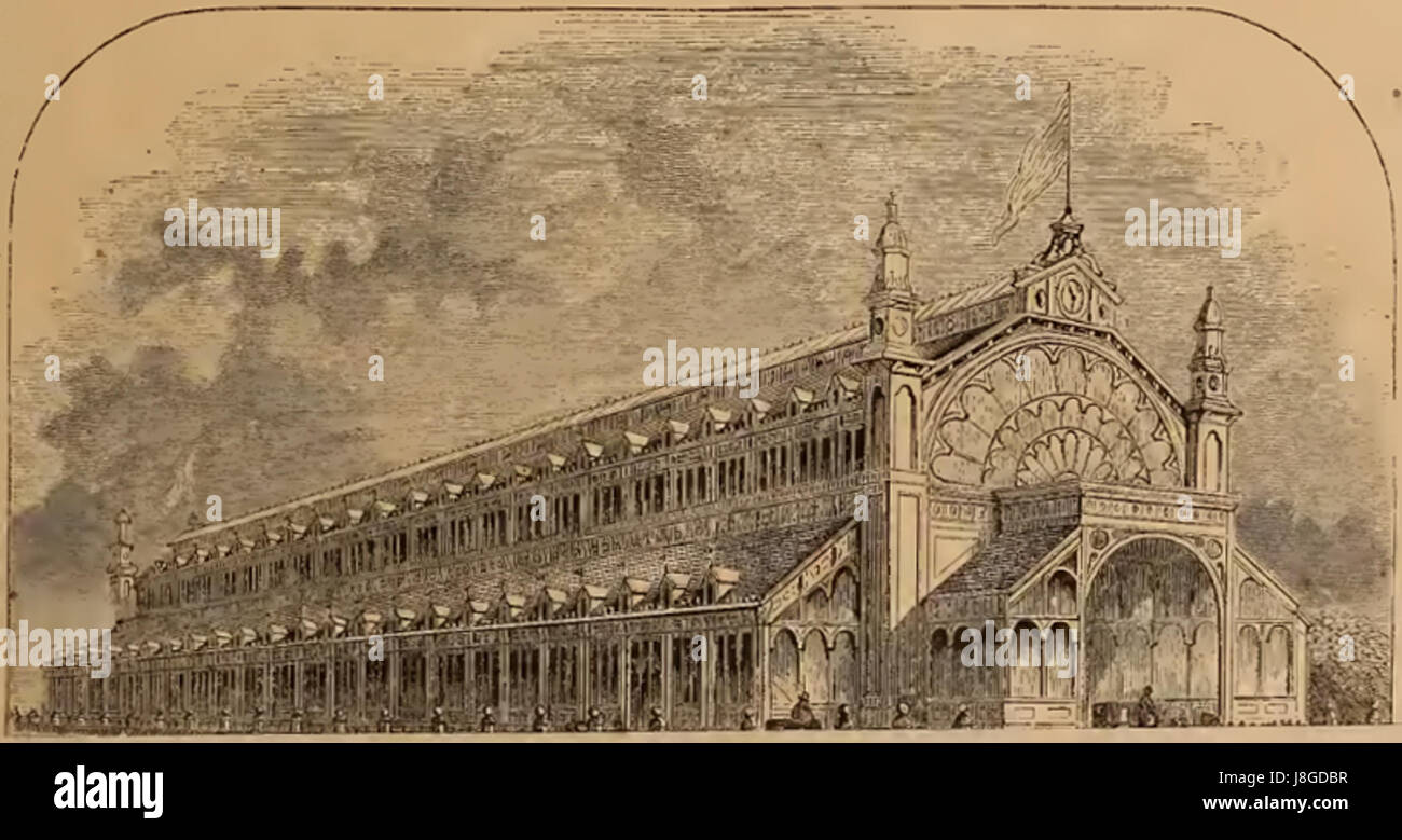 Joseph Paxton, der englische Designer, der für seine innovativen Entwürfe bekannt ist, entwarf ein Konzept für ein New Yorker Ausstellungsgebäude. Dieser Vorschlag enthielt modernste architektonische Ideen der damaligen Zeit und zeigte Paxtons Meisterschaft in Glas- und Metallkonstruktionen. Stockfoto