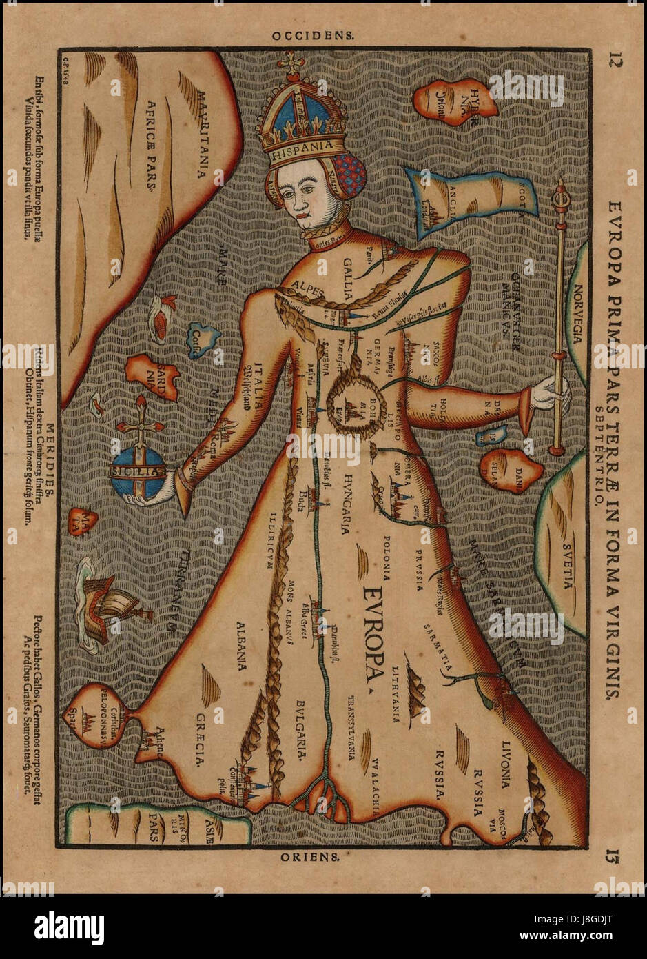 Historische Karte Europa Prima Pars Terrae in Forma Virginis C.P.1548 ansehen Stockfoto