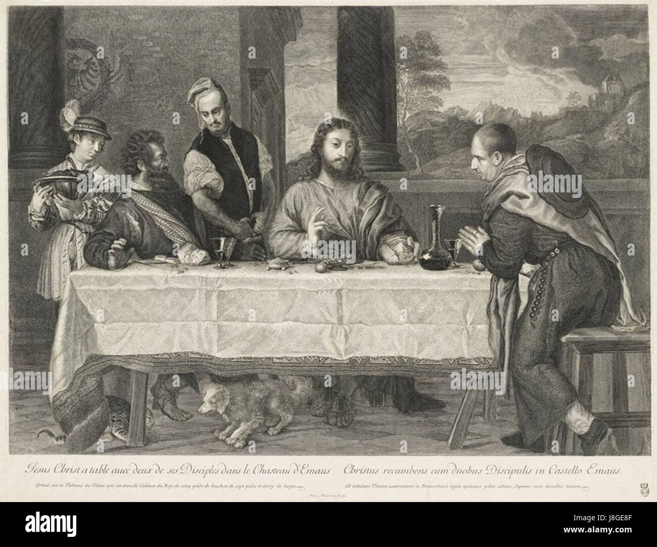„Christ in Emmaus“ ist ein Werk von Antoine Masson im Stil des Tizianischen. Es zeigt die biblische Szene, in der Christus sich zwei Jüngern in Emmaus offenbart. Die Gravur spiegelt den Einfluss des Renaissance-Meisters in seiner Komposition und Verwendung von Licht wider. Stockfoto