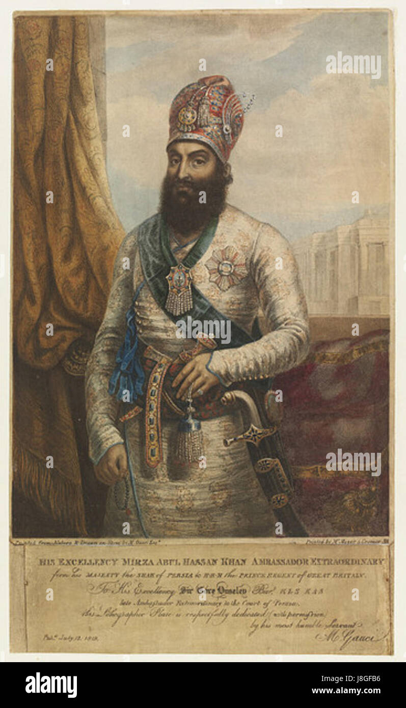 Mirza Abolhassan war ein iranischer Künstler, der für seine Beiträge zur persischen Malerei bekannt war. Seine Werke zeigen oft die traditionelle iranische Kultur, integrieren Elemente persischer Miniaturen und betonen historische und kulturelle Narrative durch komplexe Entwürfe. Stockfoto