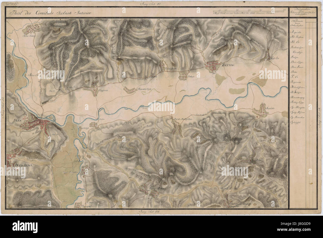 Die Josephinische Landaufnahme pg053 bezieht sich auf eine Seite aus der historischen Josephinischen Landvermessung, einem großen Landvermessungsprojekt im österreichischen Reich während des späten 18. Jahrhunderts. Stockfoto