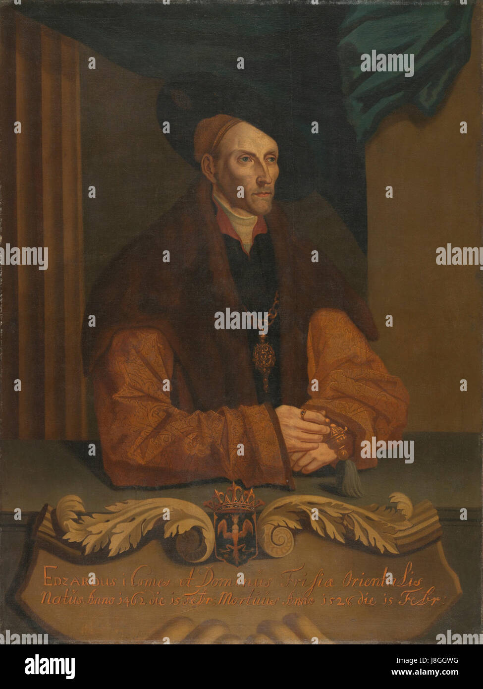 Das von einem unbekannten Künstler gemalte Porträt von Edzard I. (1462–1528), Graf von Ostfriesland, befindet sich im Rijksmuseum. Edzard I. war eine bedeutende Persönlichkeit im Norden Europas des 15. Und 16. Jahrhunderts, bekannt für seine Herrschaft über Ostfriesland. Stockfoto