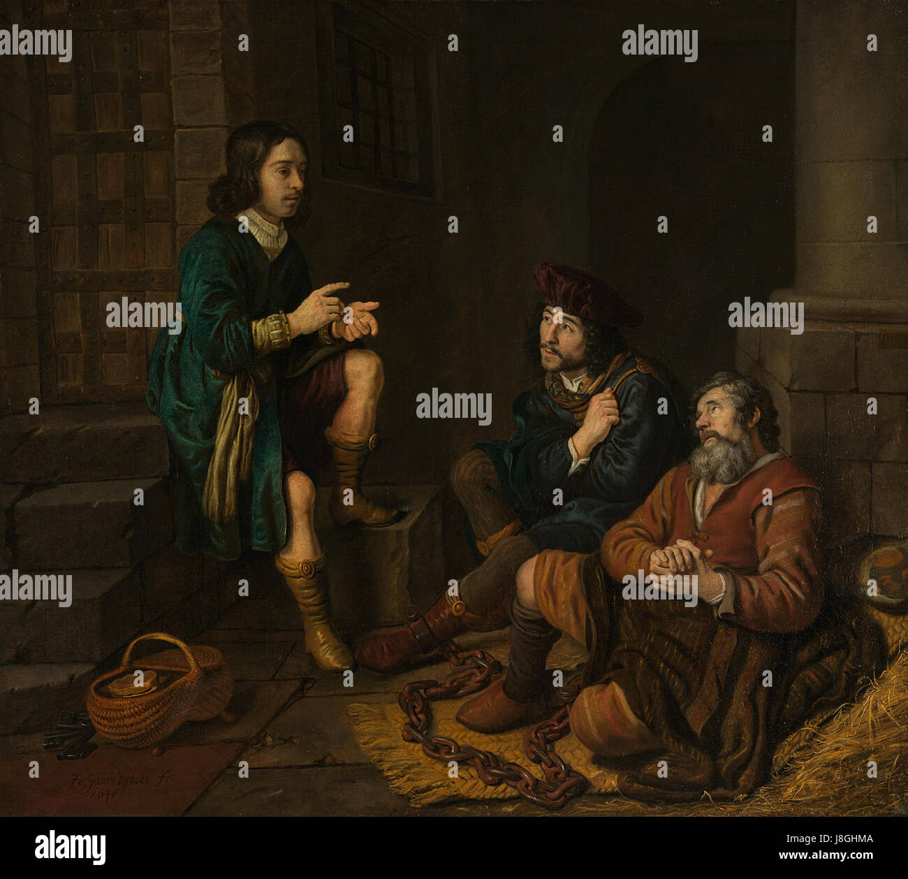 Dieses Gemälde im Rijksmuseum zeigt eine Szene, in der Jozef Träume dem Bäcker und dem Cupbearer erklärt, basierend auf einer biblischen Erzählung aus dem Buch Genesis. Das Kunstwerk beschäftigt sich mit Themen der Interpretation und Prophezeiung. Stockfoto