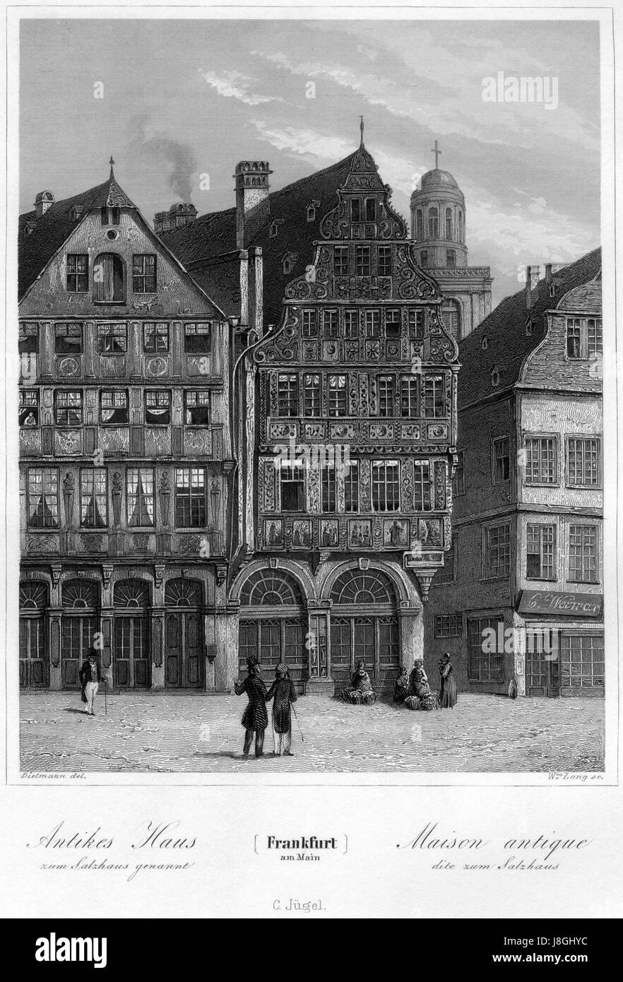 Eine Illustration von Jakob Fuerchtegott Dielmann, die das Antikes Haus zum Salzhaus in Frankfurt am Main darstellt. Das Kunstwerk fängt die historische Architektur dieses bemerkenswerten Gebäudes aus dem 19. Jahrhundert ein. Stockfoto