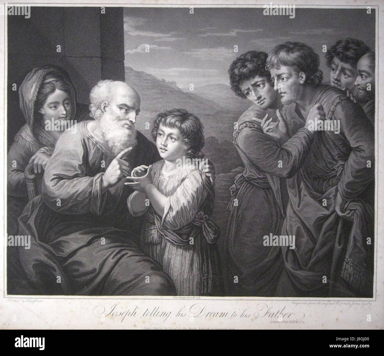 Diese biblische Szene zeigt Joseph, wie er seinen Traum mit seinem Vater Jakob teilt, wie es im Buch Genesis beschrieben ist. Es stellt einen entscheidenden Moment in Josephs frühen Leben dar und symbolisiert seinen zukünftigen Aufstieg an die Macht. Stockfoto