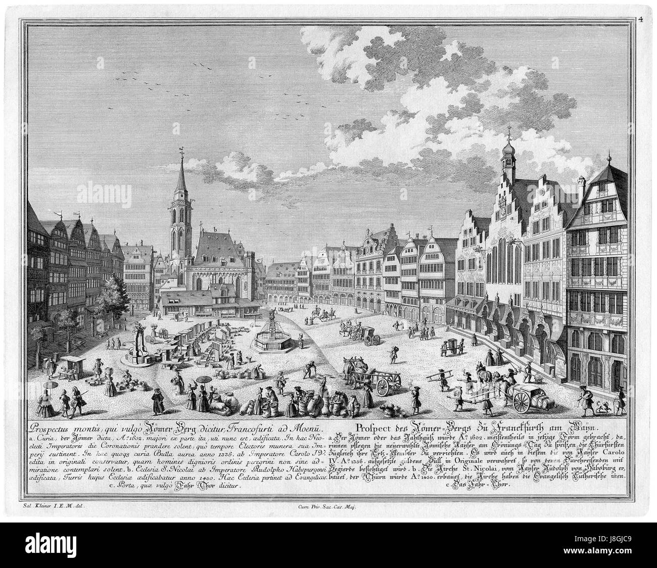 Dies beschreibt eine Aussicht oder einen Blick auf den RÃ¶Merberg in Frankfurt am Main. Der RÃ¶Merberg ist ein historischer Platz im Herzen Frankfurts, der für seine mittelalterlichen Gebäude und seine kulturelle Bedeutung bekannt ist. Das Bild zeigt wahrscheinlich diese szenische Aussicht aus der Perspektive von Salomon kleiner. Stockfoto