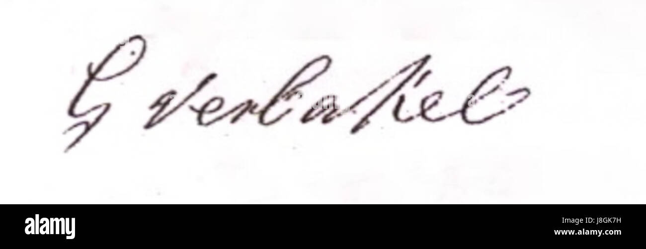 „Handtekening GV“ bezieht sich auf die Unterschrift einer Einzelperson, die häufig im Zusammenhang mit Dokumenten, amtlicher Korrespondenz oder historischen Aufzeichnungen verwendet wird. Die Initialen „GV“ können auf eine bestimmte Person hinweisen, obwohl der vollständige Kontext der Unterschrift ohne weitere Nachforschungen unbekannt sein kann. Stockfoto