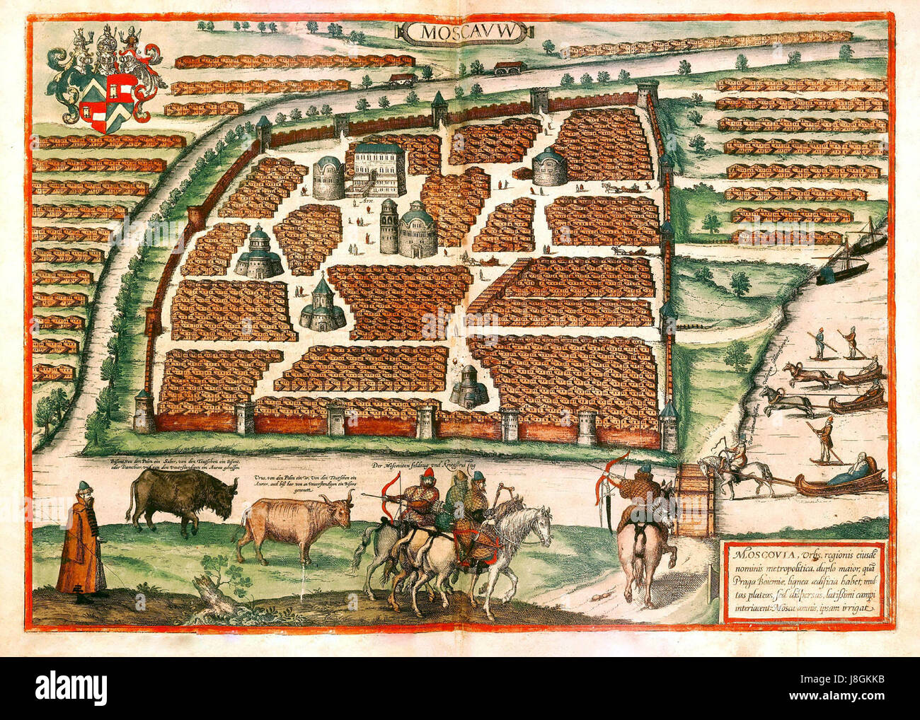 Dieser historische Bezug auf Moskau im Jahr 1556 unterstreicht die Bedeutung der Stadt während der Herrschaft von Iwan dem Schrecklichen und ihre Rolle als politisches, kulturelles und wirtschaftliches Zentrum in Russland. Stockfoto