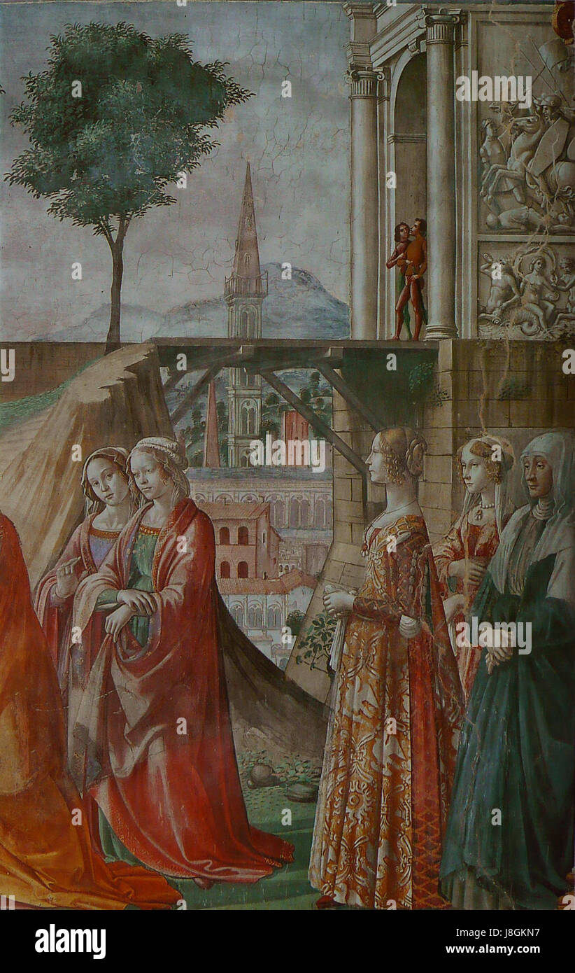 Das Fresko „Visitation“ von Domenico Ghirlandaio in der Kapelle von Tornabuoni zeigt das Treffen der Jungfrau Maria und ihrer Cousine Elisabeth. Dieses Werk, das in der Renaissance gemalt wurde, veranschaulicht Ghirlandaios Beherrschung der menschlichen Figur und Perspektive. Stockfoto