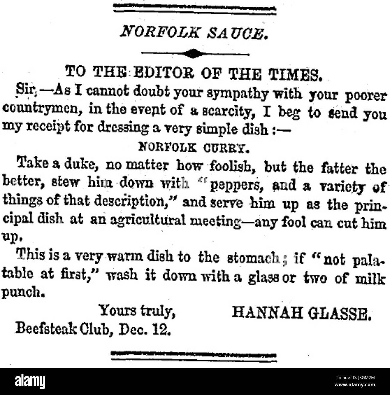 Hannah Glasse Brief an die Times Stockfoto