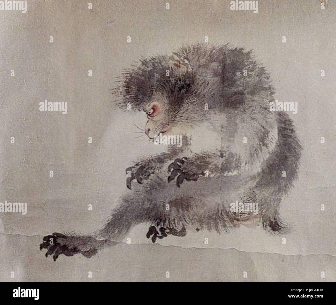 Der japanische Makaken, auch bekannt als der Schneeaffe, ist in diesem Kunstwerk von Watanabe Kazan zu sehen. Die Darstellung betont den natürlichen Lebensraum und das Verhalten der Makaken und zeigt Kazanâ detaillierten Ansatz zur Tierwelt in der japanischen Kunst. Stockfoto