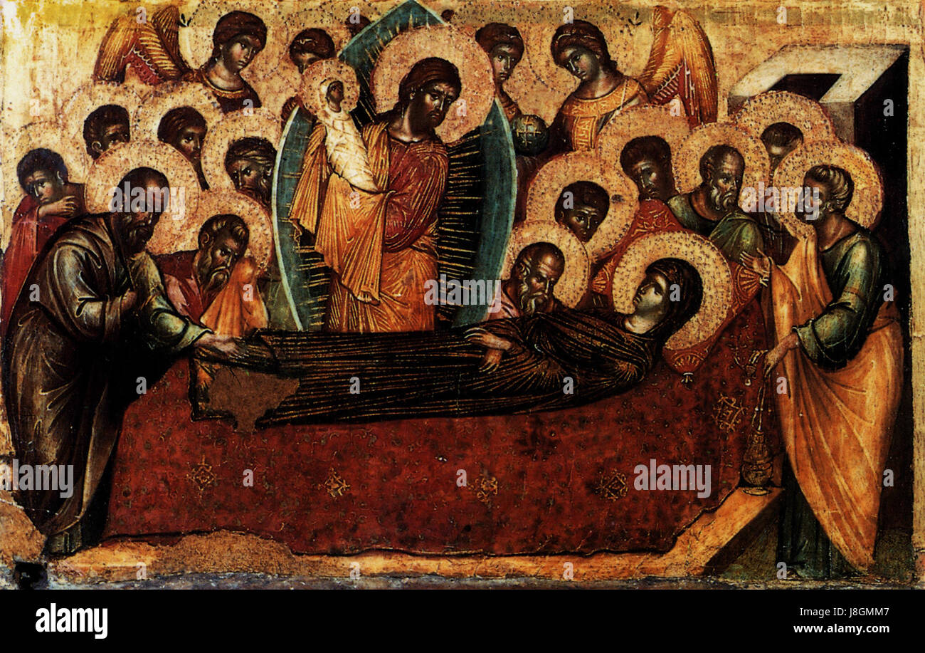 Das Dormition der Jungfrau bezieht sich auf die christliche Tradition und Ikonographie, die den Tod oder den Schlaf der Jungfrau Maria darstellt, oft als friedliches Ereignis in der religiösen Kunst dargestellt. Stockfoto