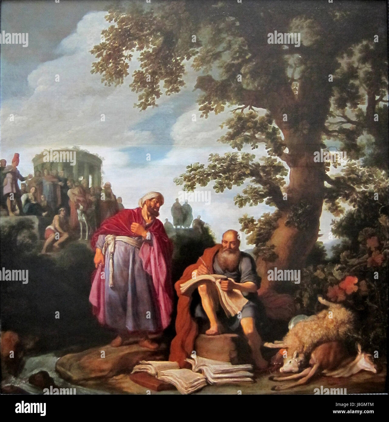Dieser Titel bezieht sich wahrscheinlich auf ein Gemälde oder Kunstwerk von Pieter Lastman, das die Figuren von Hippokrates und Demokrit darstellt. Diese beiden alten Philosophen werden oft mit frühem wissenschaftlichen Denken und Medizin in Verbindung gebracht. Stockfoto