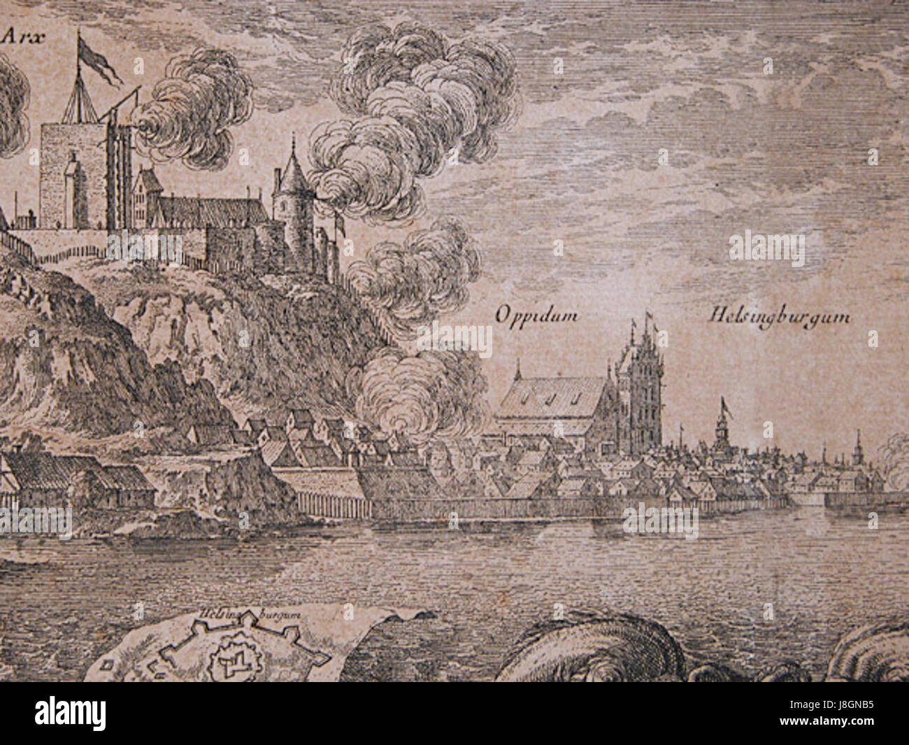 Helsingborg im Jahr 1658 bezieht sich auf eine Schlüsselperiode in der Geschichte der cityÂ, wahrscheinlich während der Zeit des Vertrags von Roskilde, der einen bedeutenden politischen Wandel in der Region markierte. Durch den vertrag erhielt Schweden die Kontrolle über Teile Dänemarks, was sich auf die politische Landschaft Helsingborgs auswirkte. Stockfoto