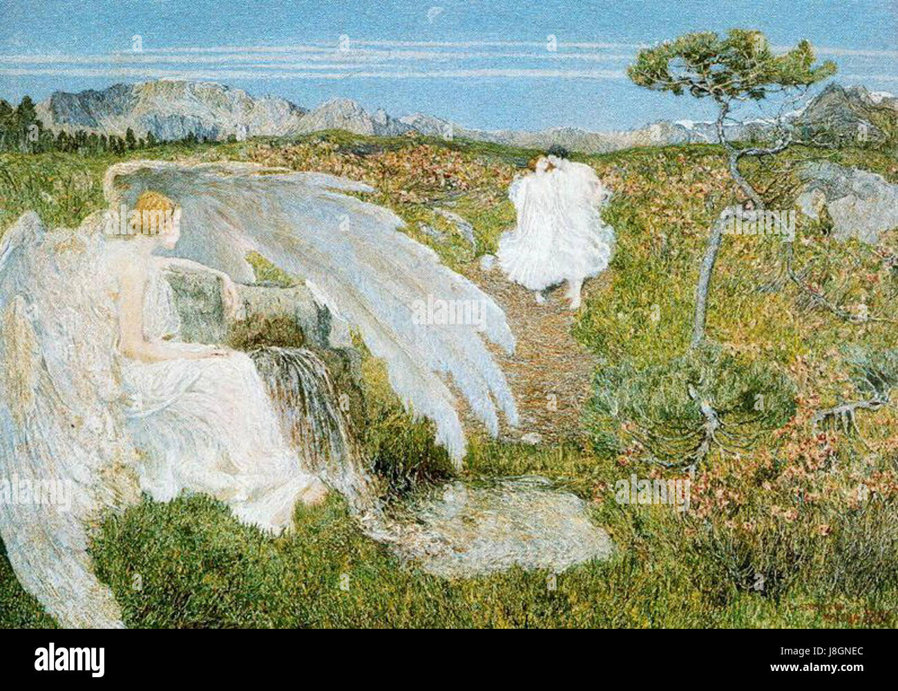 Giovanni Segantinis Gemälde „Liebe am Brunnen des Lebens“ zeigt Themen der Natur, des Lebens und des menschlichen Zustandes. Segantiniâ Stil betont Symbolismus und emotionale Tiefe in seiner Darstellung dieser universellen Konzepte. Stockfoto