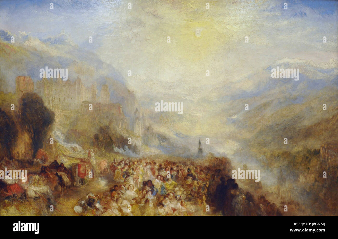 Heidelberger Schloss von William Turner bezieht sich auf ein Gemälde des englischen Künstlers J.M.W. Turner, das das Heidelberger Schloss in Deutschland darstellt. Turner ist bekannt für seine dramatischen Landschaften und die Verwendung von Licht und Farbe. Das Gemälde zeigt die romantische und malerische Natur des Schlosses vor dem Hintergrund des Rheins. Stockfoto