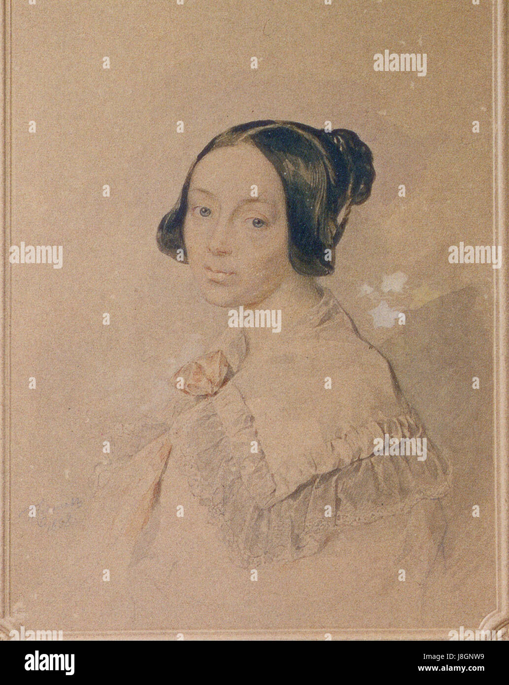 Ein Porträt von Luisa Golitsyna, einer bemerkenswerten Figur des Künstlers Sokolov. Dieses Werk beleuchtet den Stil und die Kunstfertigkeit der Zeit und bietet einen Einblick in russische Porträts aus dem 19. Jahrhundert. Stockfoto