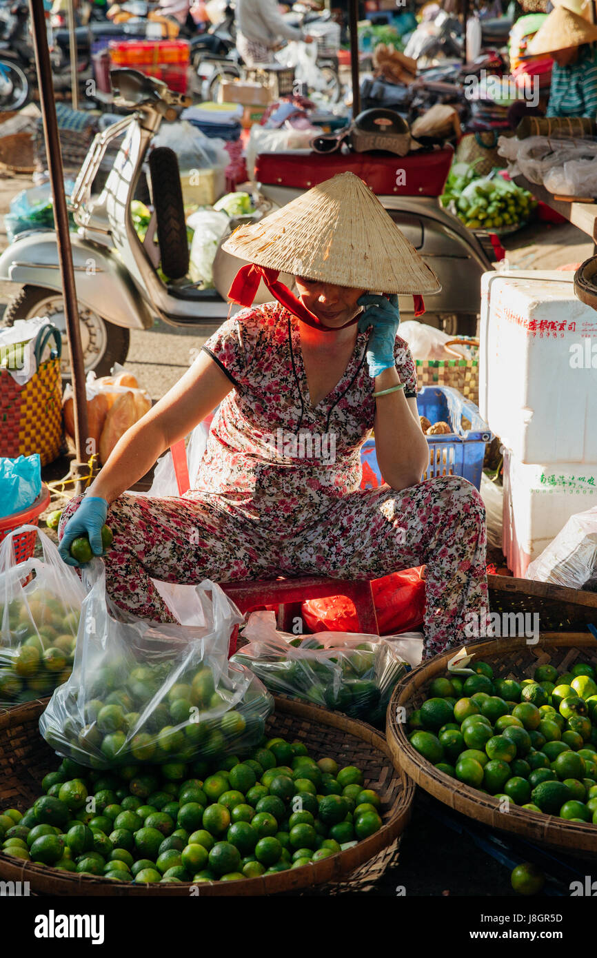 Nha Trang, Vietnam - 14. Juli 2016: Vietnamesische Frau in konische Hut verkauft Obst und vegs am Morgenmarkt in Nha Trang, Vietnam am 14. Juli 2016 Stockfoto