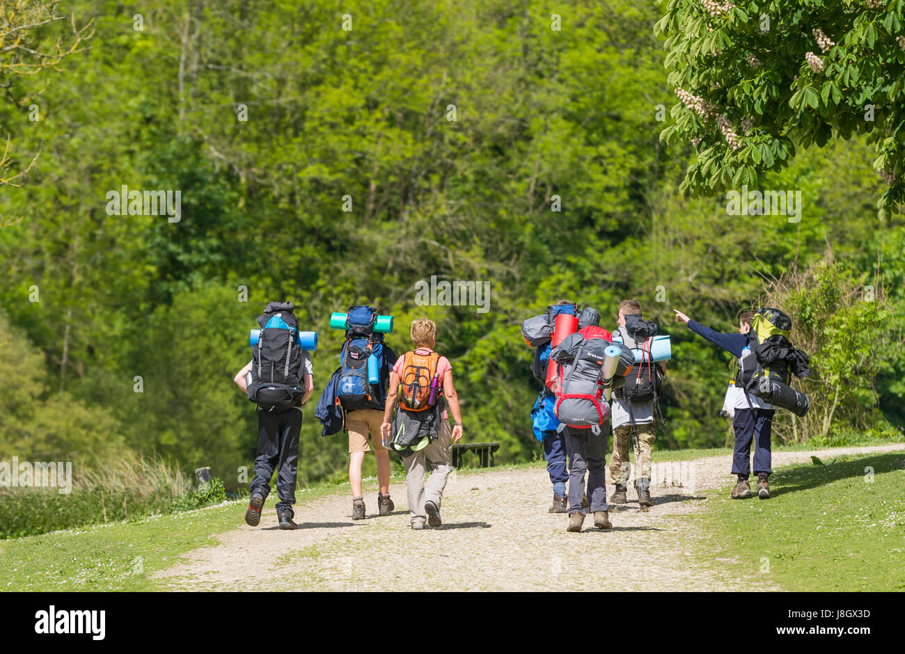 Gruppe von jungen Wanderer mit Rucksäcken zu Fuß in die countryside.in Frühjahr. Stockfoto