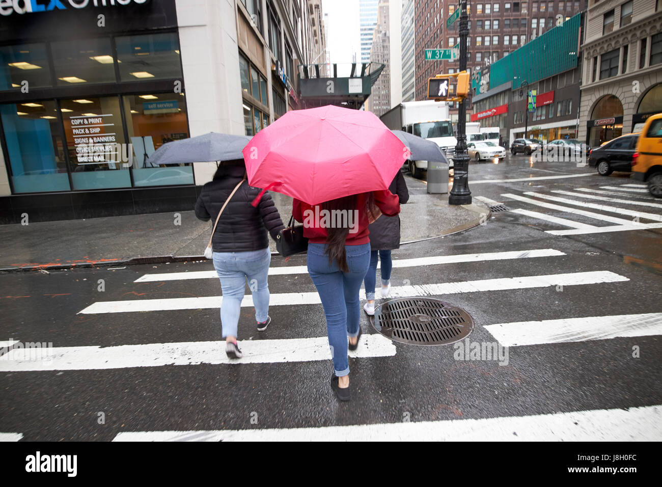 Frauen halten Sonnenschirme überqueren eine nassen Stadtstraße während Regen Dusche Midtown New York City USA Stockfoto