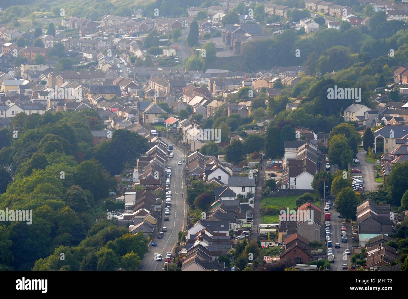 Einen allgemeinen Überblick über Reihenhäuser im Rhondda, Wales, UK. Stockfoto