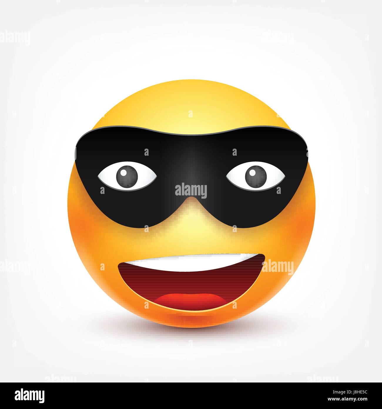 Smiley, Emoticons mit Maske lächelnd. Gelbes Gesicht mit Emotionen. Gesichtsausdruck. 3D realistisch Emoji. Lustige Comic-Figur. Stimmung. Web-Symbol. Vektor-Illustration. Stock Vektor