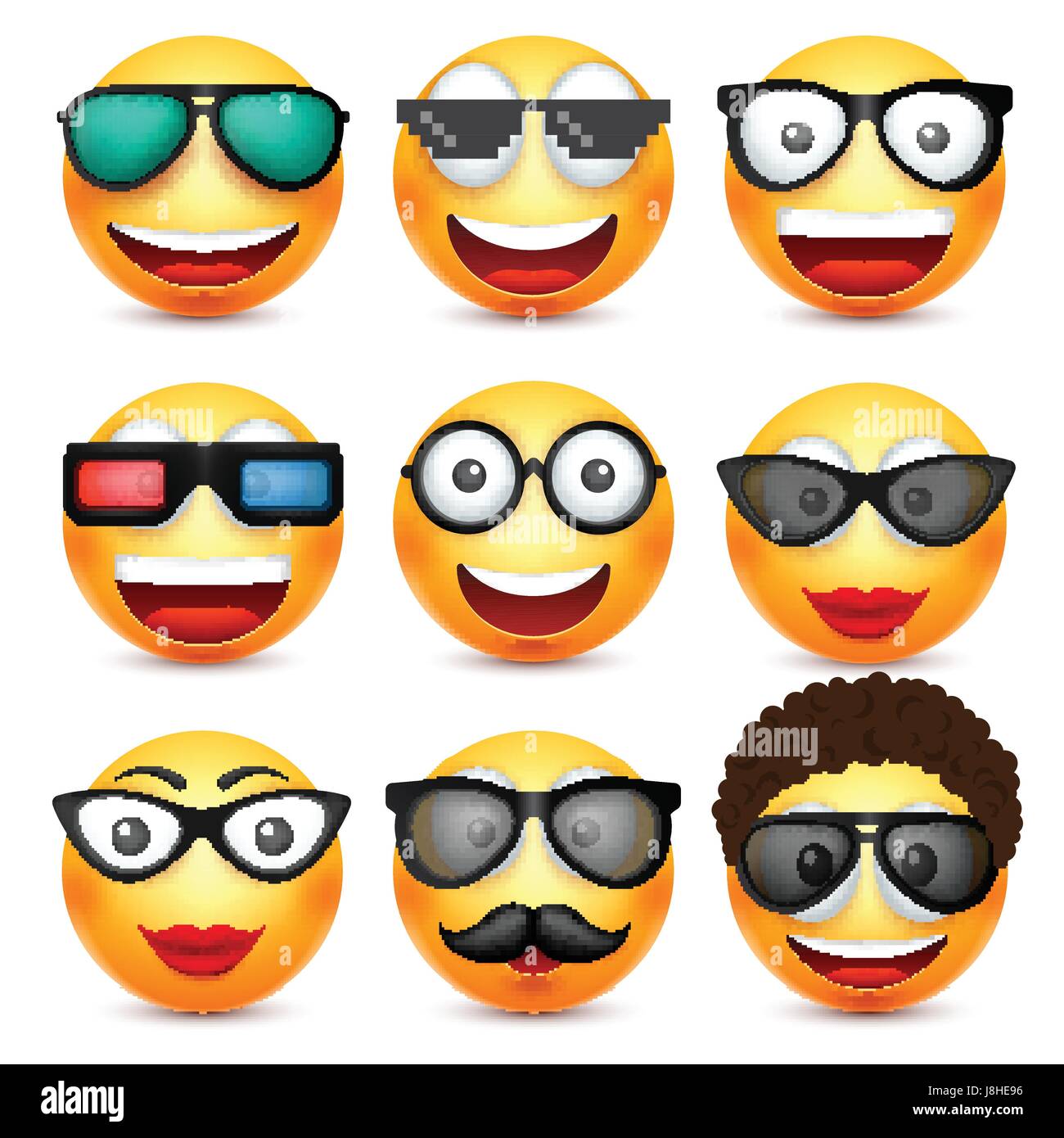 Smiley mit Brille, lächelndes Emoticon. Gelbes Gesicht mit Emotionen.  Gesichtsausdruck. 3D realistisch Emoji. Lustige Comic-Figur. Stimmung.  Web-Symbol. Vektor-Illustration Stock-Vektorgrafik - Alamy