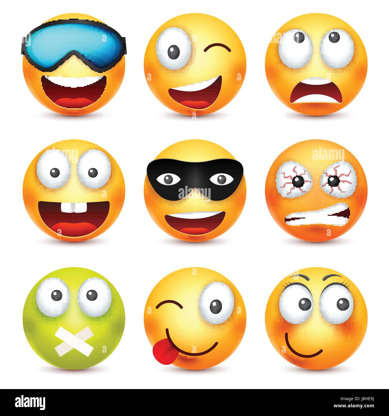 Smiley mit Brille, lächelnd, wütend, traurig, glücklich Emoticon. Gelbes Gesicht mit Emotionen. Gesichtsausdruck. 3D realistisch Emoji. Lustige Comic-Figur. Stimmung. Web-Symbol. Vektor-Illustration. Stock Vektor