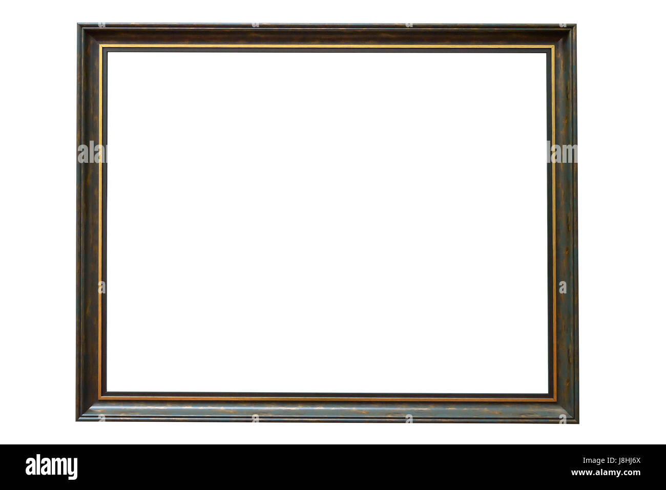 Grünes Holz Bilderrahmen mit goldenen Verzierungen, die isoliert auf weißem Hintergrund mit Beschneidungspfad Stockfoto