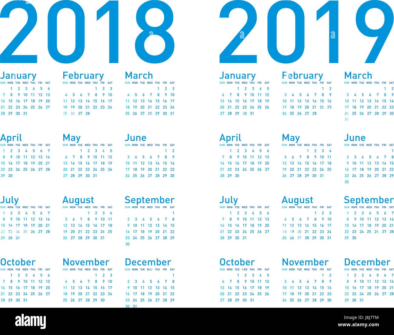 Einfache blaue Kalender für Jahre 2018 und 2019 in Vektoren. Stock Vektor