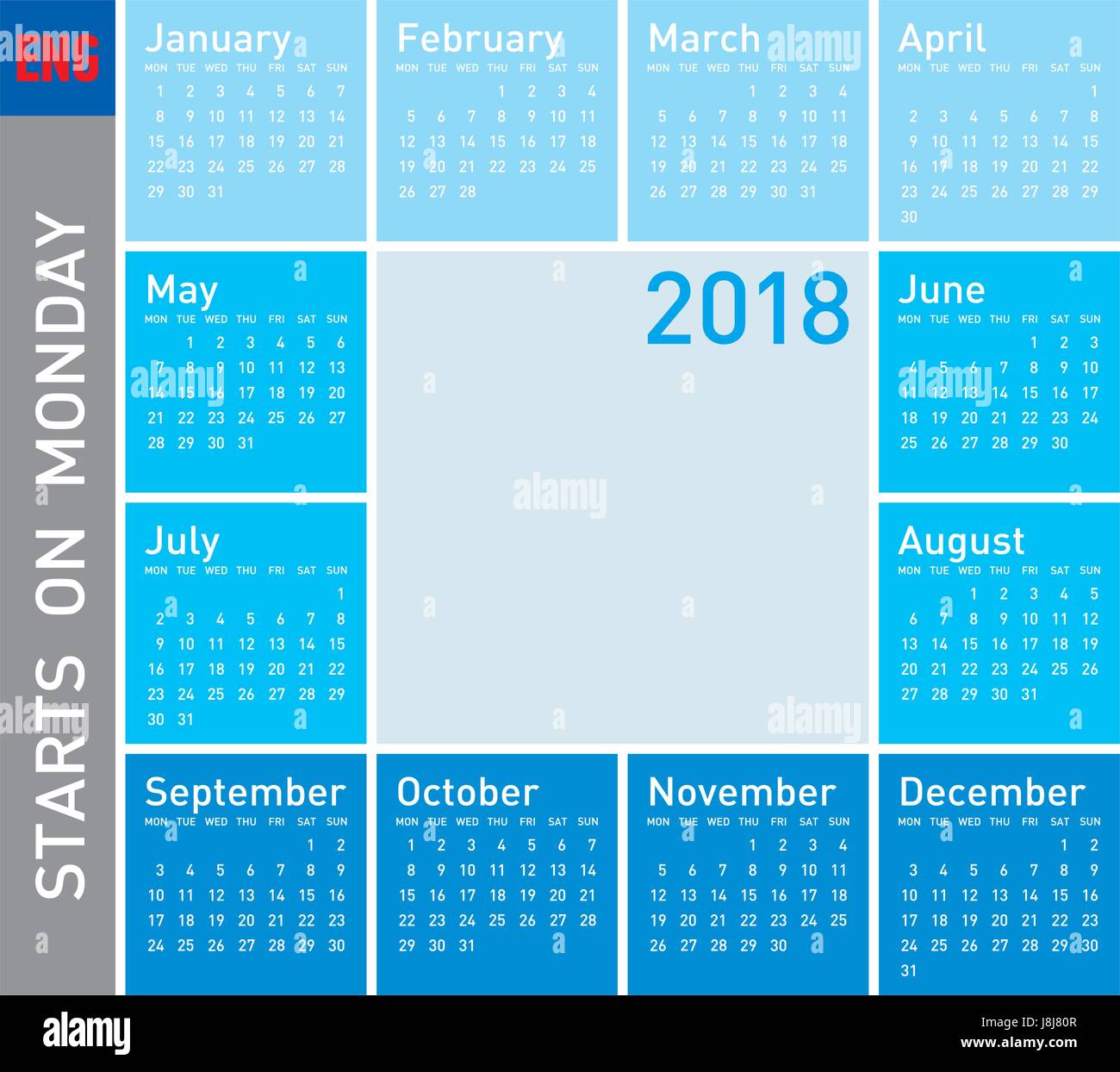 Blauer Kalender für das Jahr 2018, in englischer Sprache. Woche beginnt am Montag Stock Vektor
