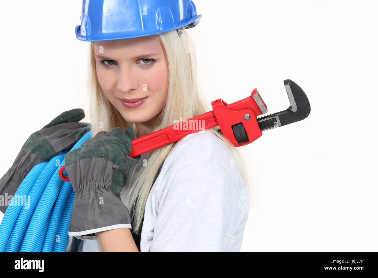 Frau, Lady, Weiblich, stehend, Klempner, Sanitär, Arbeitnehmer, Arbeiter, Arbeiter, Stockfoto