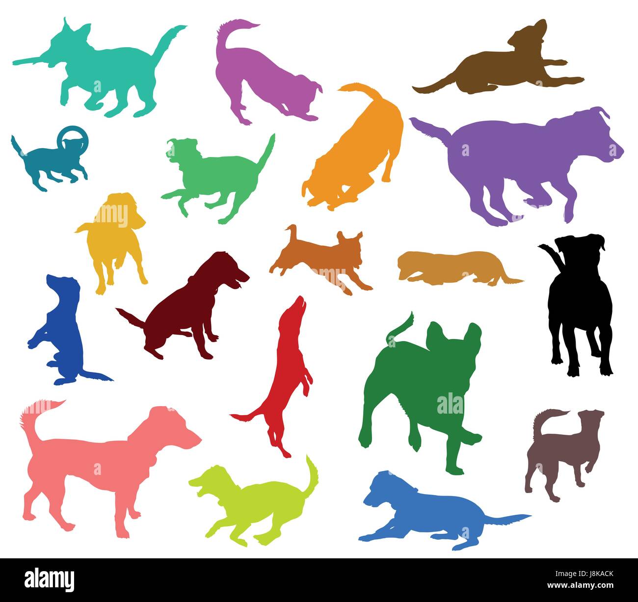 Satz von Vector bunte Silhouetten Hunde (Jack Russel Terrier) ausgeschnitten auf weißem Hintergrund Stock Vektor