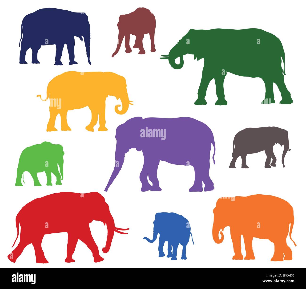 Satz von Vektor stehen indische und afrikanische Elefanten in verschiedenen Farben auf weißem Hintergrund Stock Vektor