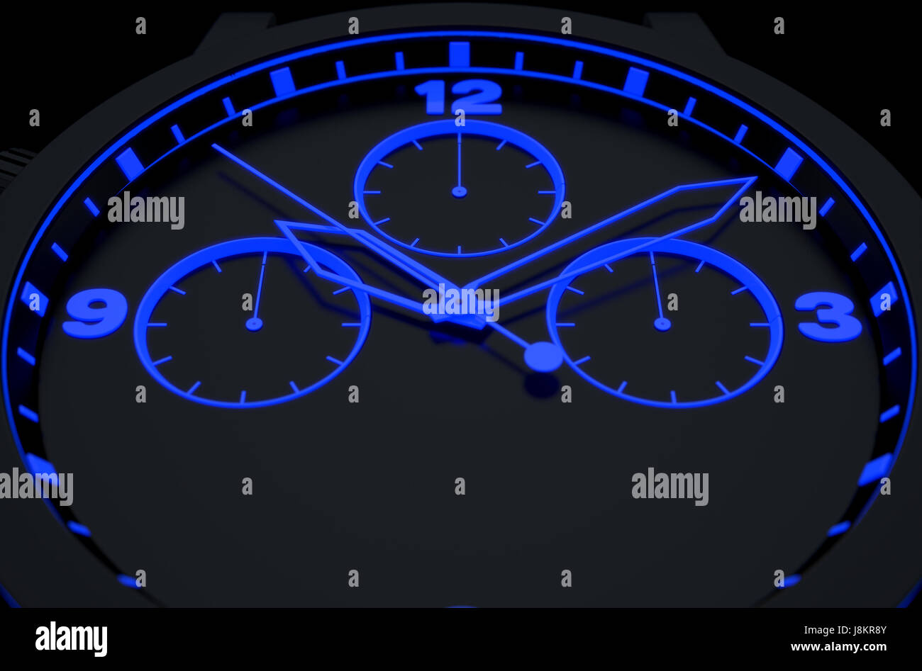Ein Makro Nahaufnahme von einem modernen Neon blau beleuchtet Zifferblatt in Schwarz - 3D render Stockfoto