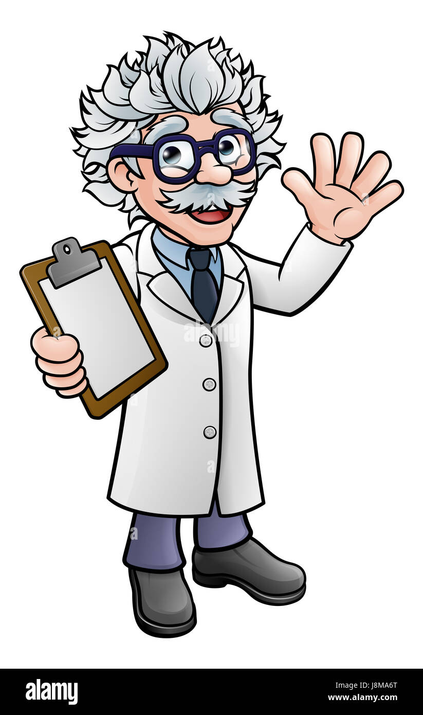Ein Cartoon Wissenschaftler Professor tragen Labor weißen Mantel winken und halten eine Zwischenablage Stockfoto