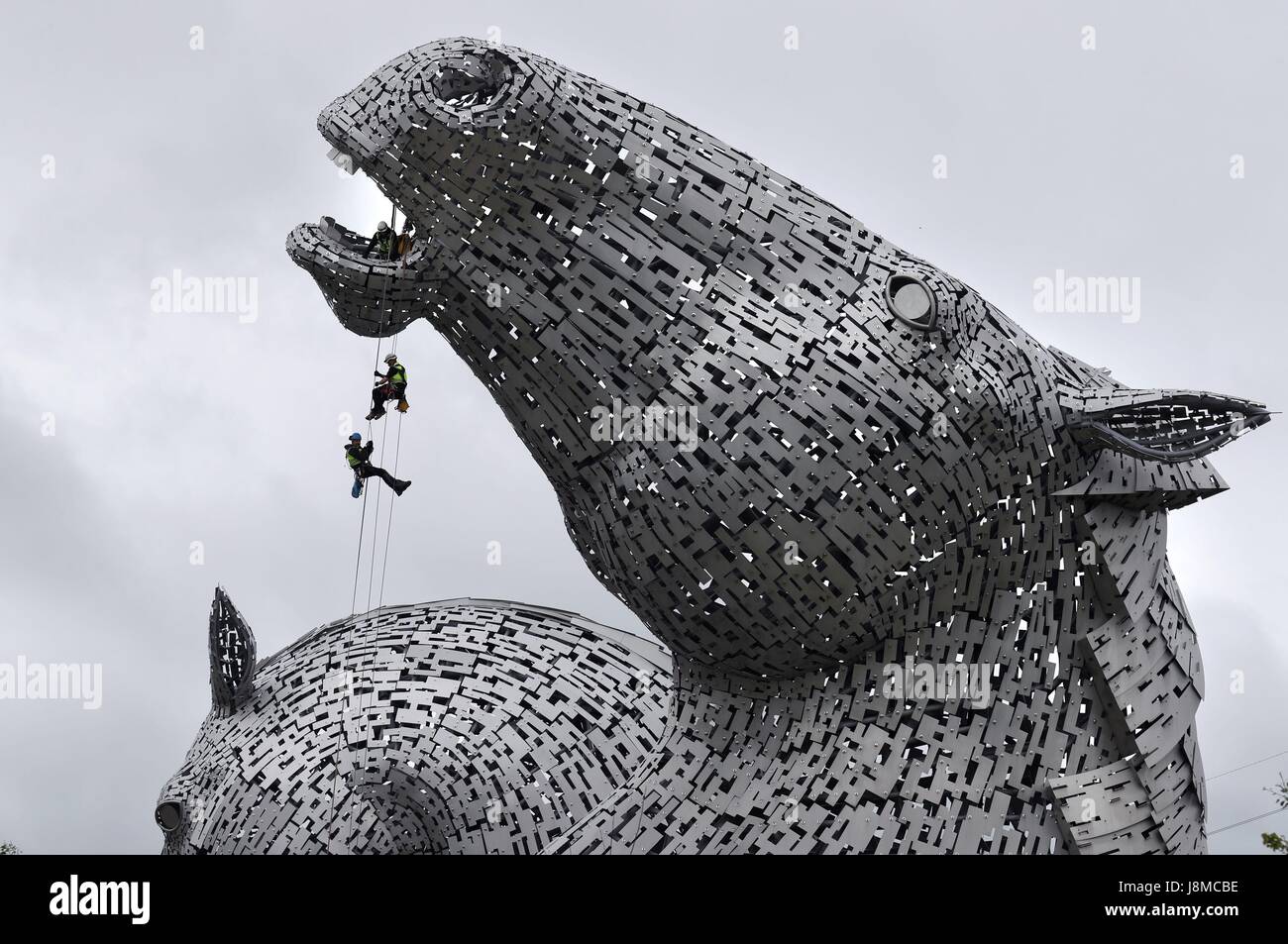 Rope Access Techniker Andrew Pennycuick (unten), Paul Smith (Mitte) und John Benson durchführen der ersten Gesundheitscheck auf die Kelpies in Falkirk nähern sie sich ihren dritten Geburtstag. Stockfoto