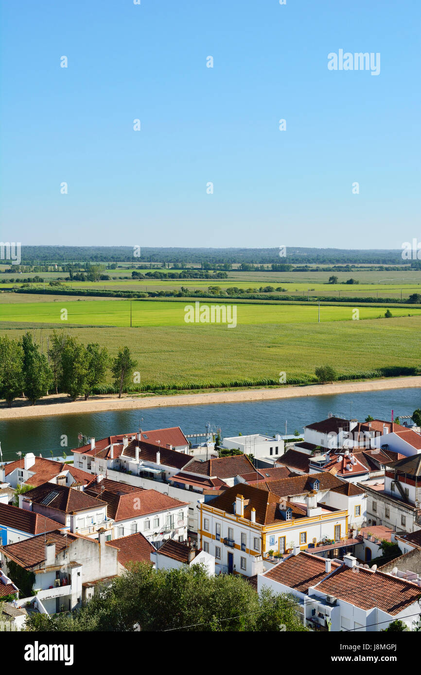 Mais und Reis Felder entlang des Sorraia-Flusses in Coruche. Ribatejo, Portugal Stockfoto