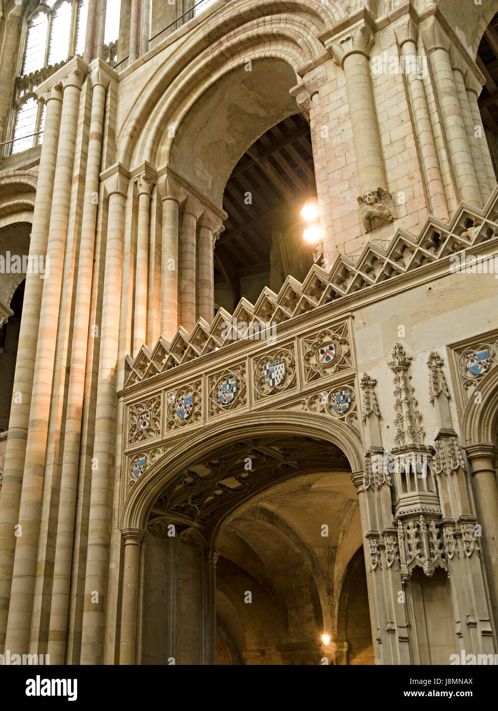 Kunstvolle Steinmetzarbeiten Bögen, Säulen und Pfeiler, Norwich Cathedral, Norwich, England, UK Stockfoto